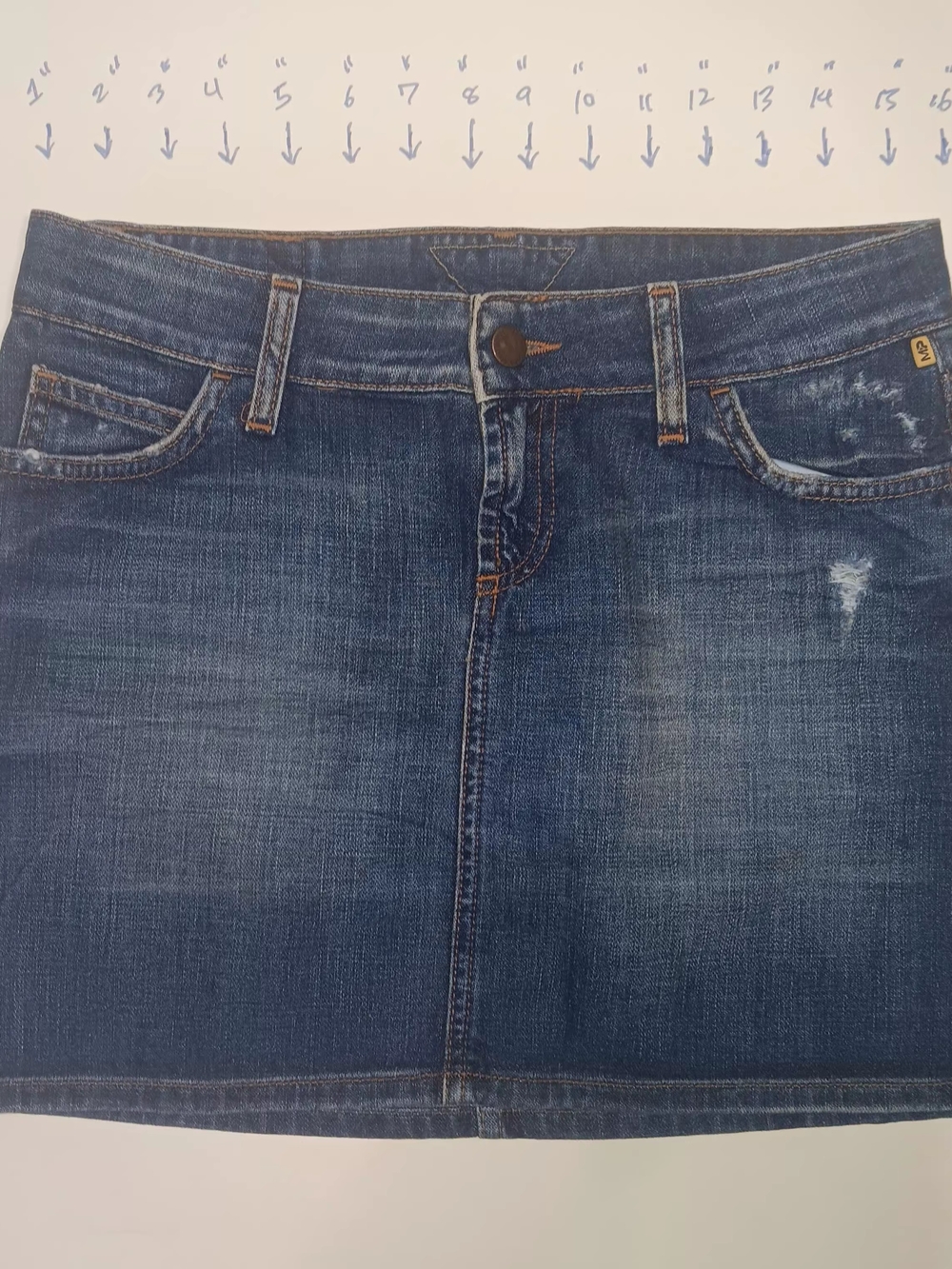 Melting Pot (rare) denim Mini Skirt indigo with brown stitching